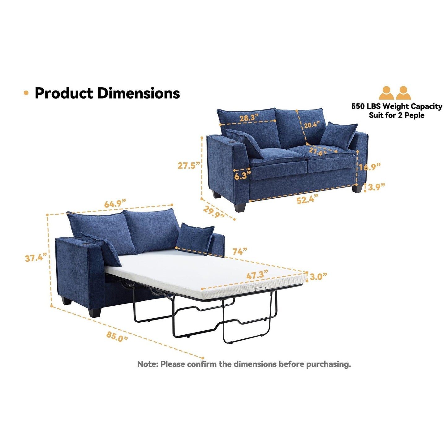 Divano letto a 2 posti in ciniglia da 64,9 con topper in memory foam - Struttura letto a doghe in legno massello, 2 portabicchieri