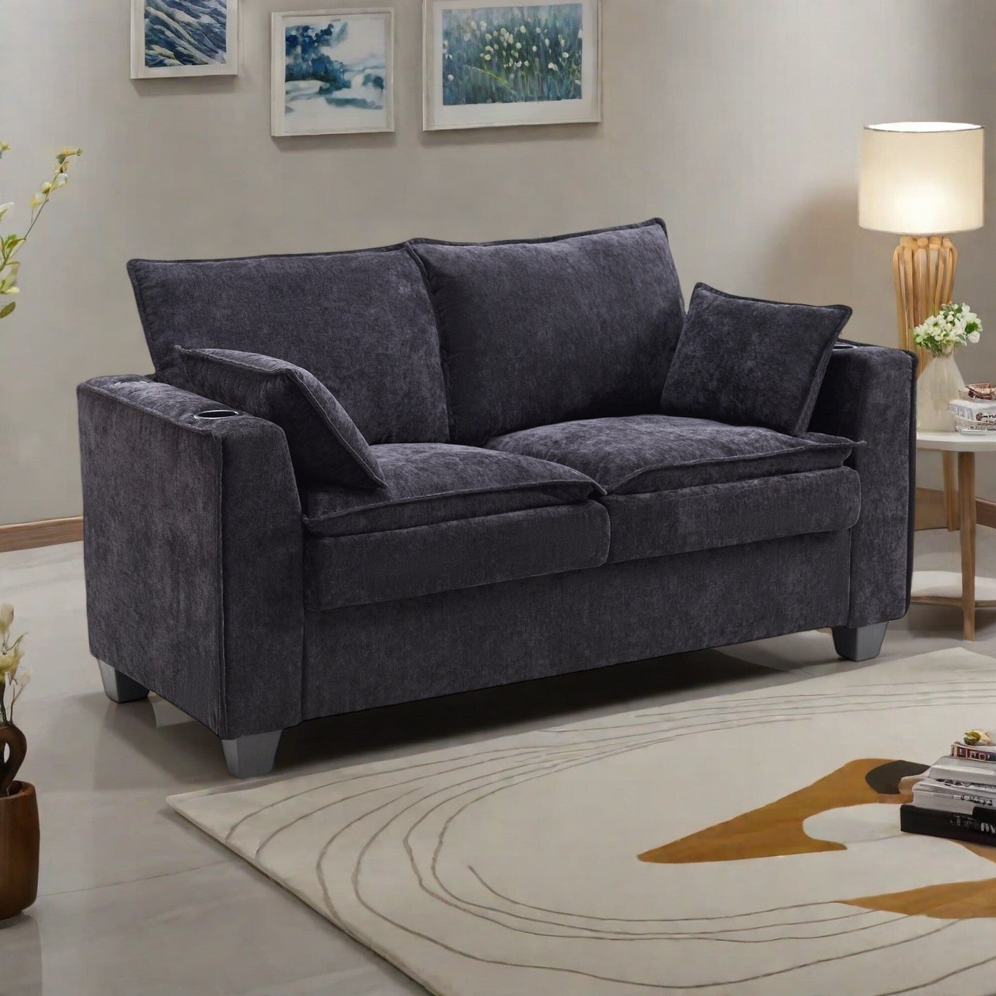 Divano letto a 2 posti in ciniglia da 64,9 con topper in memory foam - Struttura letto a doghe in legno massello, 2 portabicchieri