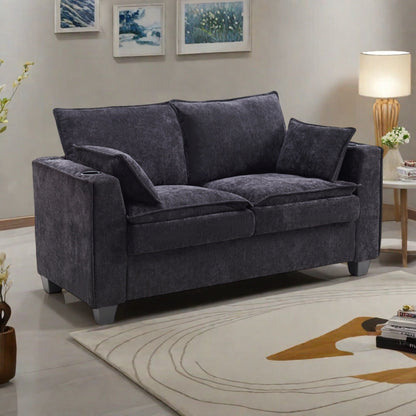 Divano letto a 2 posti in ciniglia da 64,9 con topper in memory foam - Struttura letto a doghe in legno massello, 2 portabicchieri