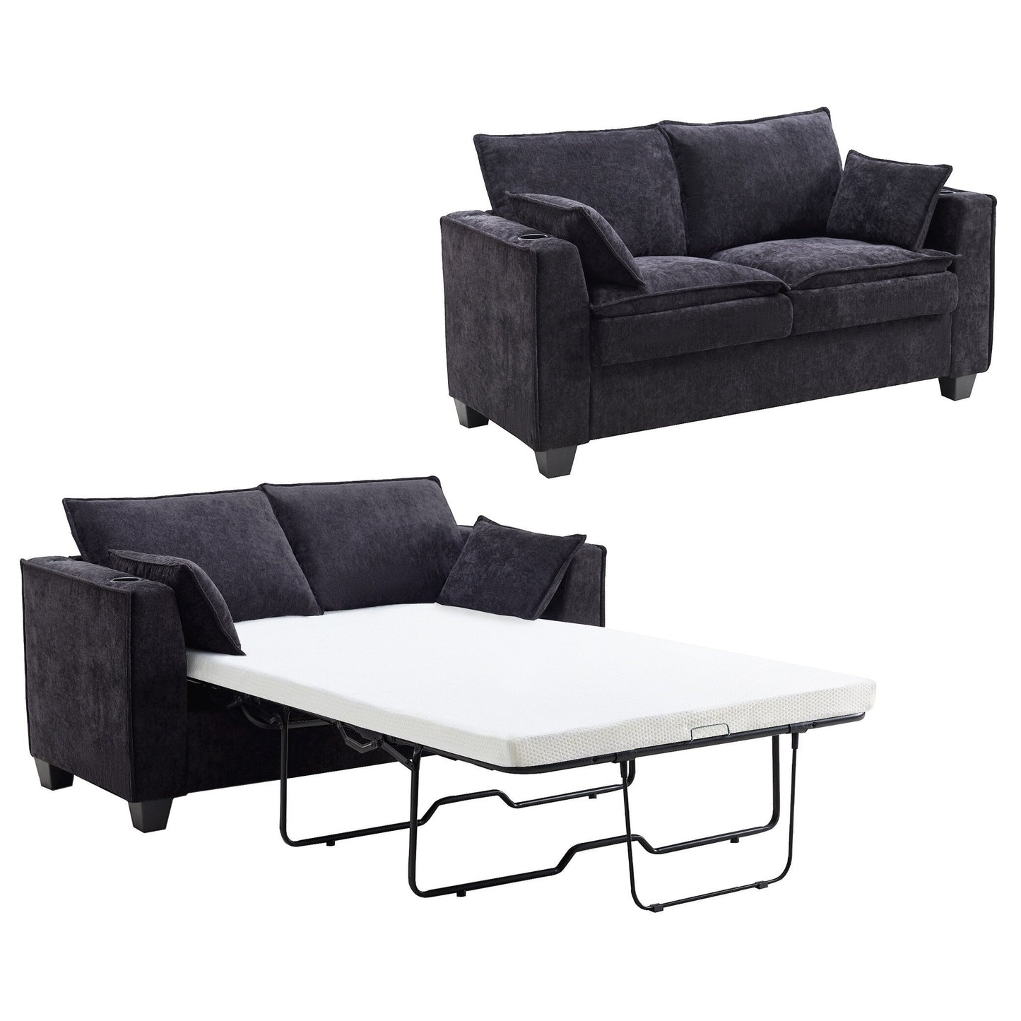 Divano letto a 2 posti in ciniglia da 64,9 con topper in memory foam - Struttura letto a doghe in legno massello, 2 portabicchieri