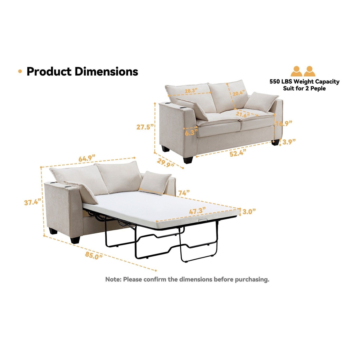 Divano letto a 2 posti in ciniglia da 64,9 con topper in memory foam - Struttura letto a doghe in legno massello, 2 portabicchieri