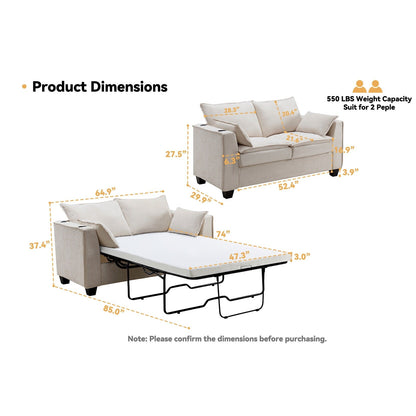 Divano letto a 2 posti in ciniglia da 64,9 con topper in memory foam - Struttura letto a doghe in legno massello, 2 portabicchieri