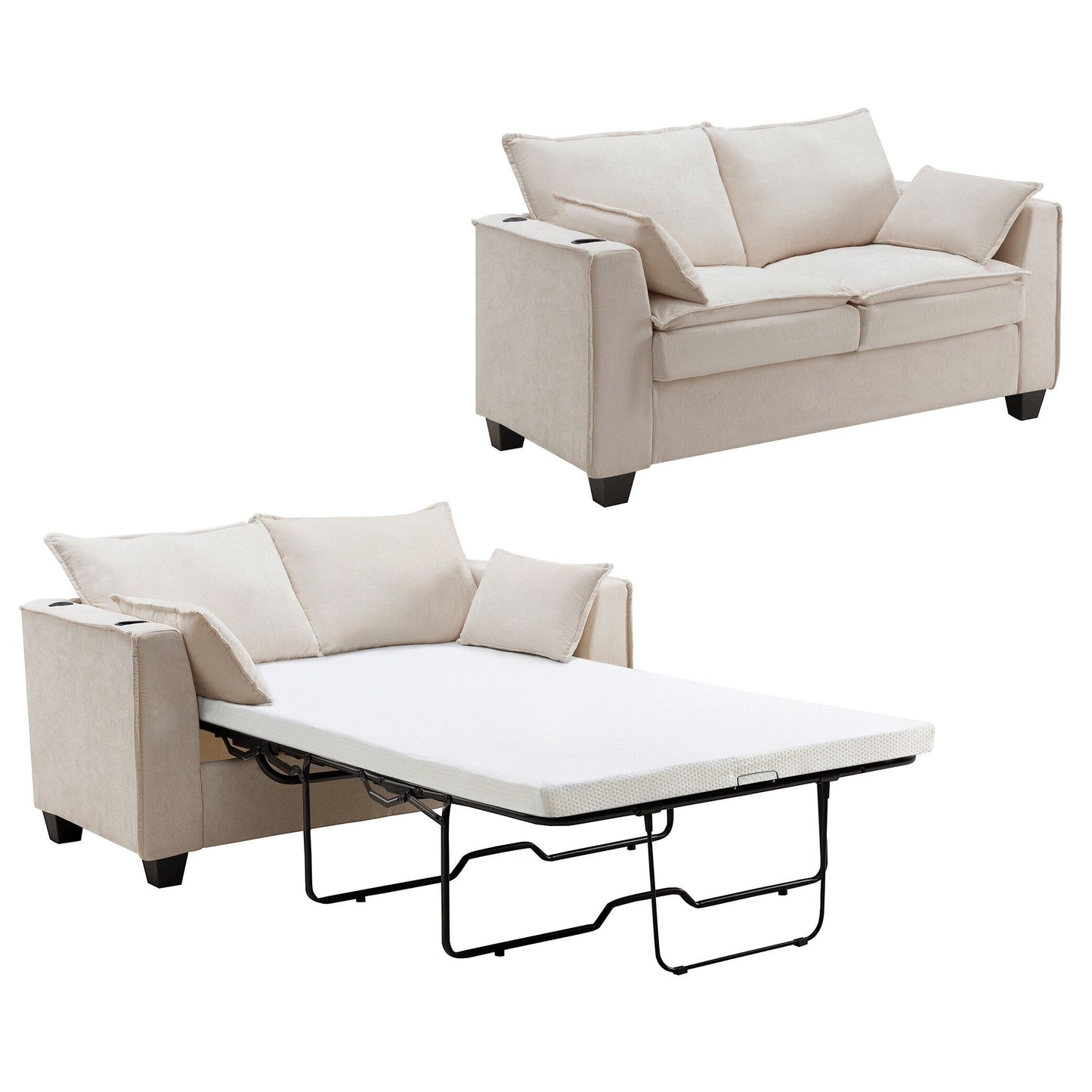 Divano letto a 2 posti in ciniglia da 64,9 con topper in memory foam - Struttura letto a doghe in legno massello, 2 portabicchieri