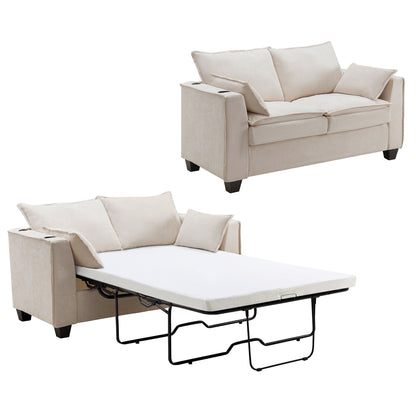 Divano letto a 2 posti in ciniglia da 64,9 con topper in memory foam - Struttura letto a doghe in legno massello, 2 portabicchieri