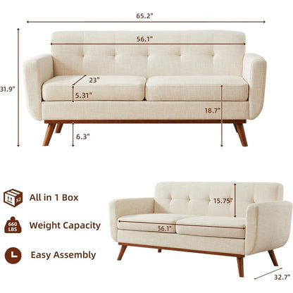 65.2 Divano a due posti Mid Century - Divano piccolo trapuntato per soggiorno e camera da letto, facile da montare (beige)