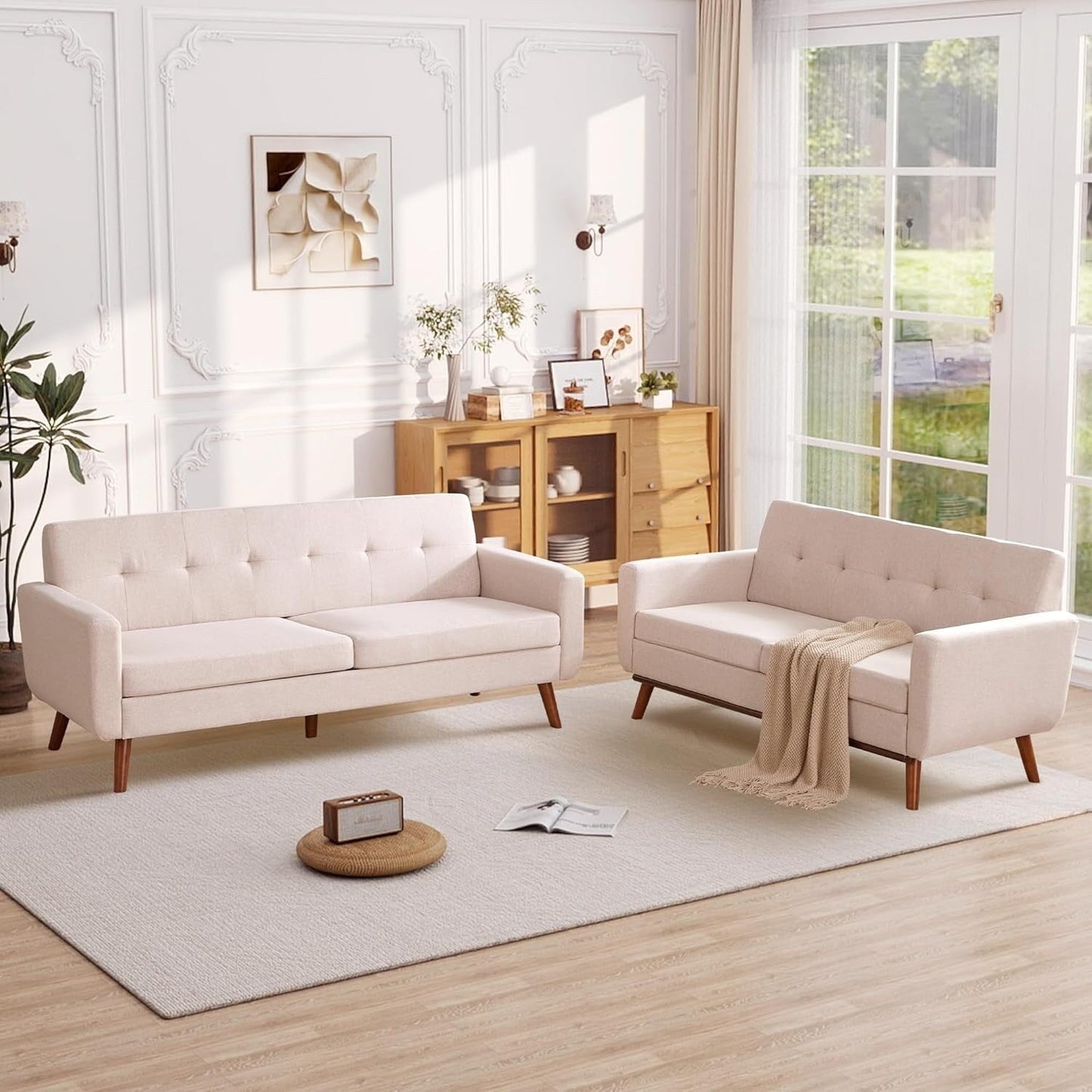 65.2 Divano a due posti Mid Century - Divano piccolo trapuntato per soggiorno e camera da letto, facile da montare (beige)