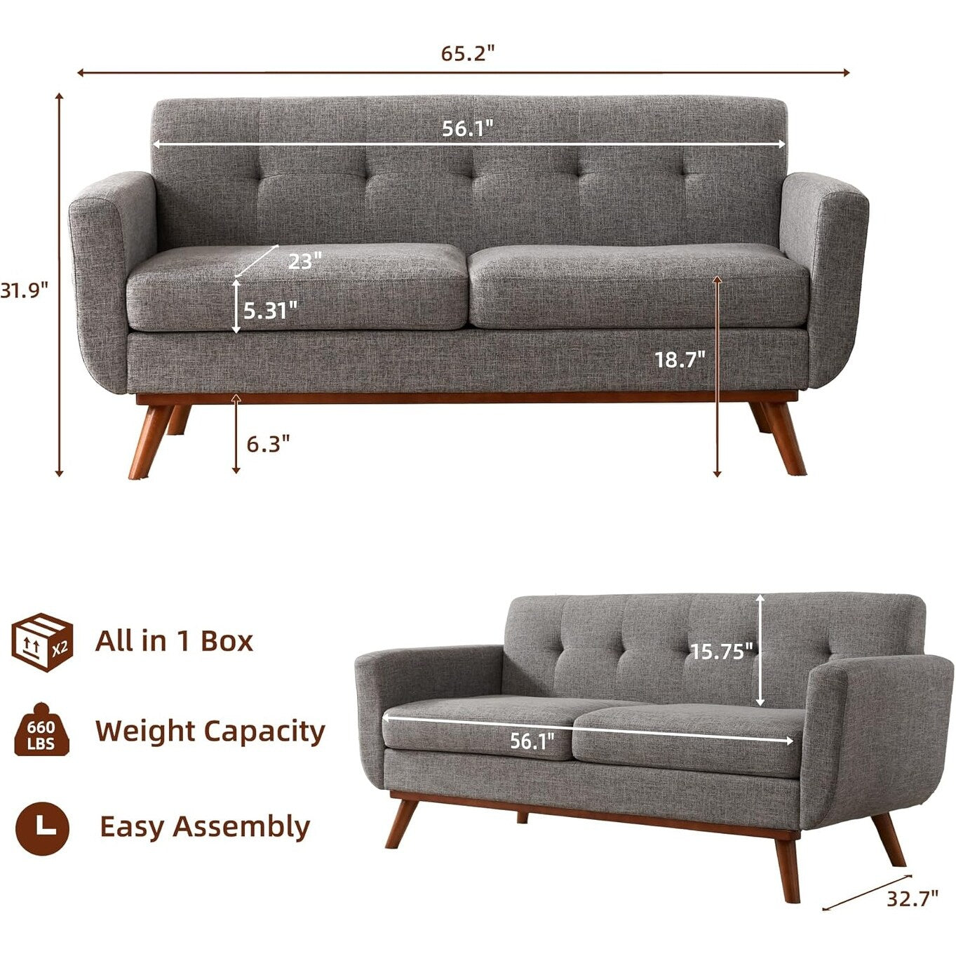 65.2 Divano a due posti Mid Century - Divano piccolo trapuntato per soggiorno e camera da letto, facile da montare (beige)