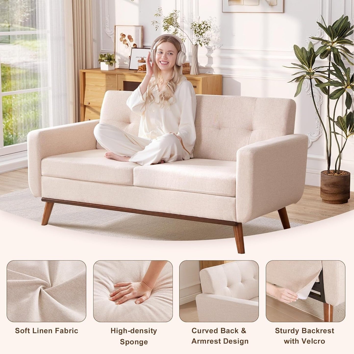 65.2 Divano a due posti Mid Century - Divano piccolo trapuntato per soggiorno e camera da letto, facile da montare (beige)