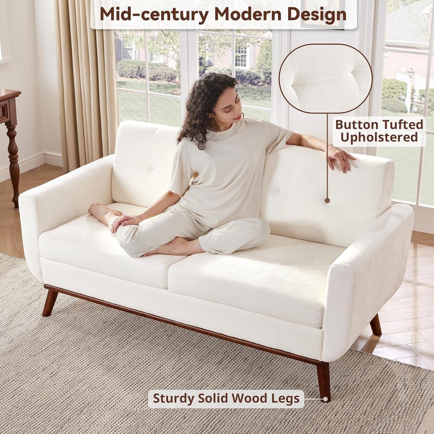 65.2 Divano a due posti Mid Century - Divano piccolo trapuntato per soggiorno e camera da letto, facile da montare (beige)