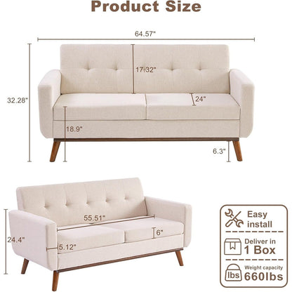 65.2 Divano a due posti Mid Century - Divano piccolo trapuntato per soggiorno e camera da letto, facile da montare (beige)