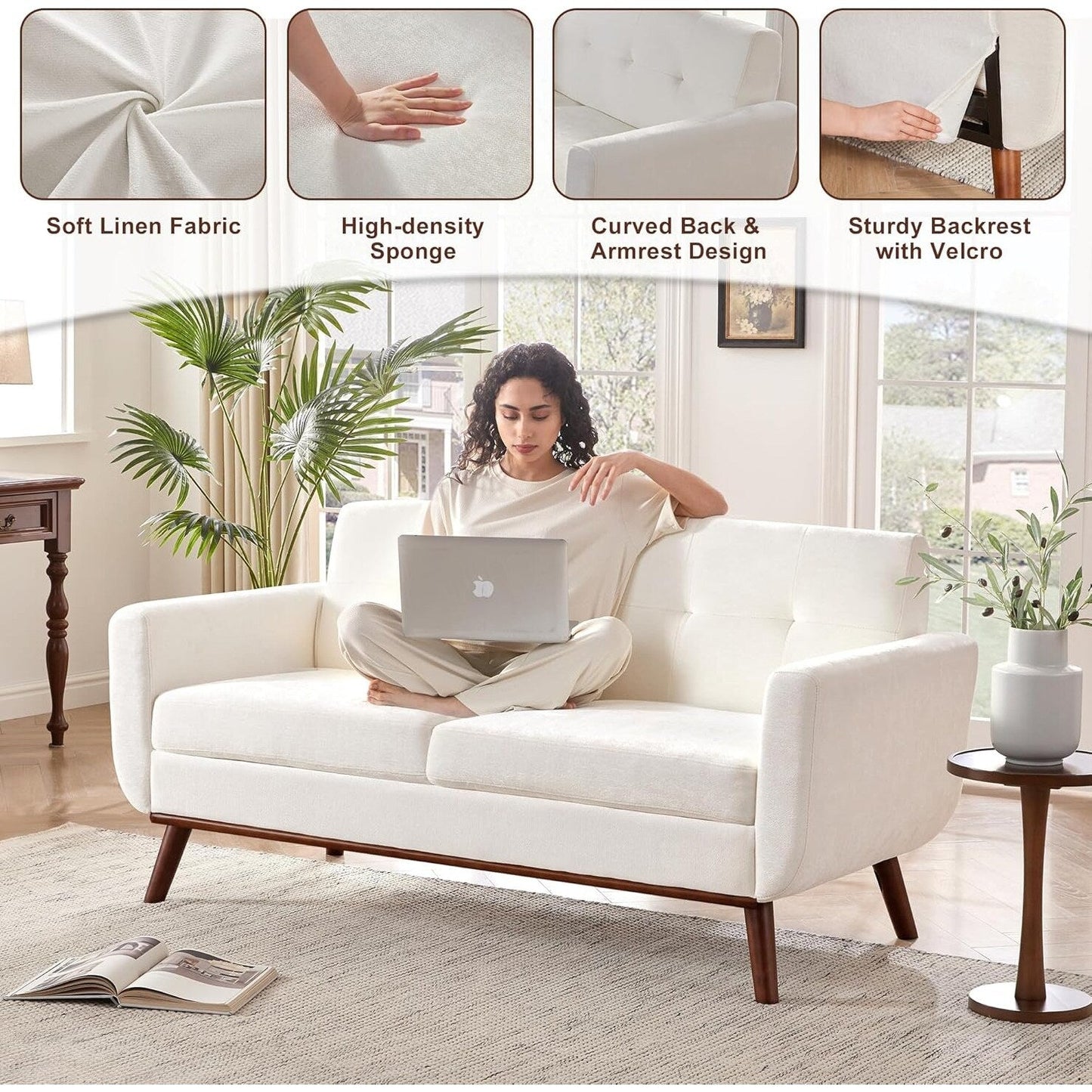 65.2 Divano a due posti Mid Century - Divano piccolo trapuntato per soggiorno e camera da letto, facile da montare (beige)