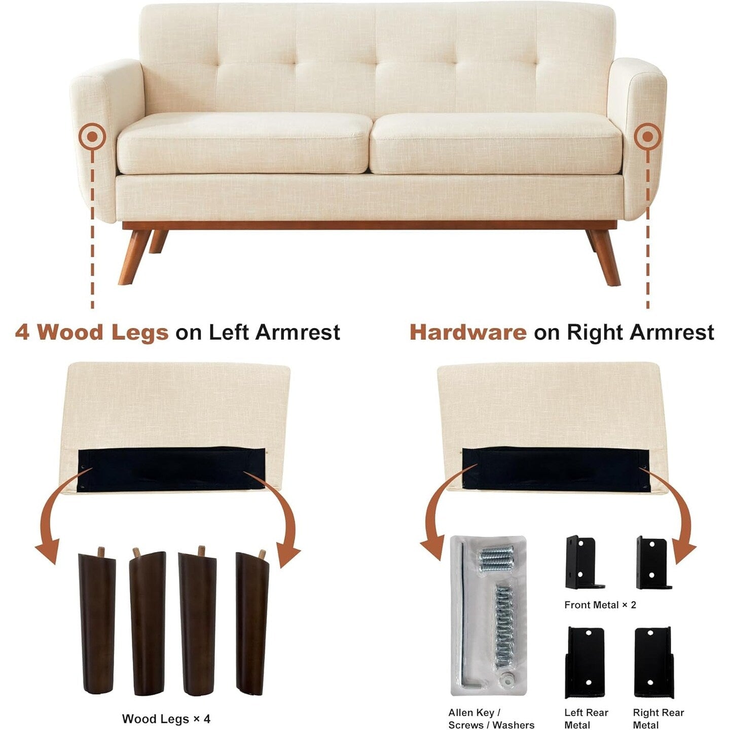 65.2 Divano a due posti Mid Century - Divano piccolo trapuntato per soggiorno e camera da letto, facile da montare (beige)