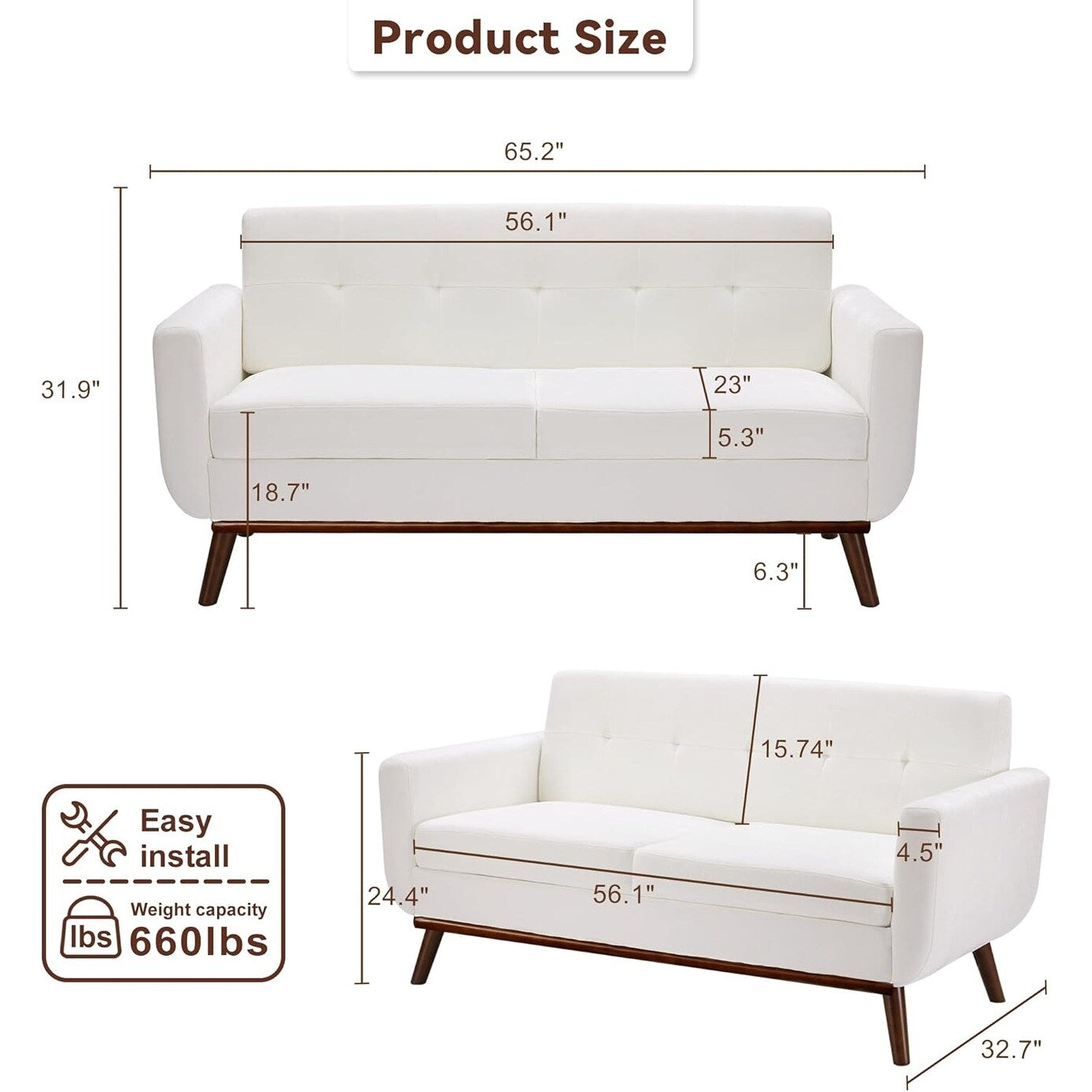 65.2 Divano a due posti Mid Century - Divano piccolo trapuntato per soggiorno e camera da letto, facile da montare (beige)