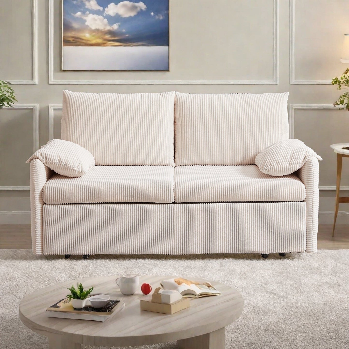 Divano letto 3 in 1 a 2 posti in velluto a coste da 65 pollici con tasca portaoggetti laterale, cuscini in spugna ad alta densità