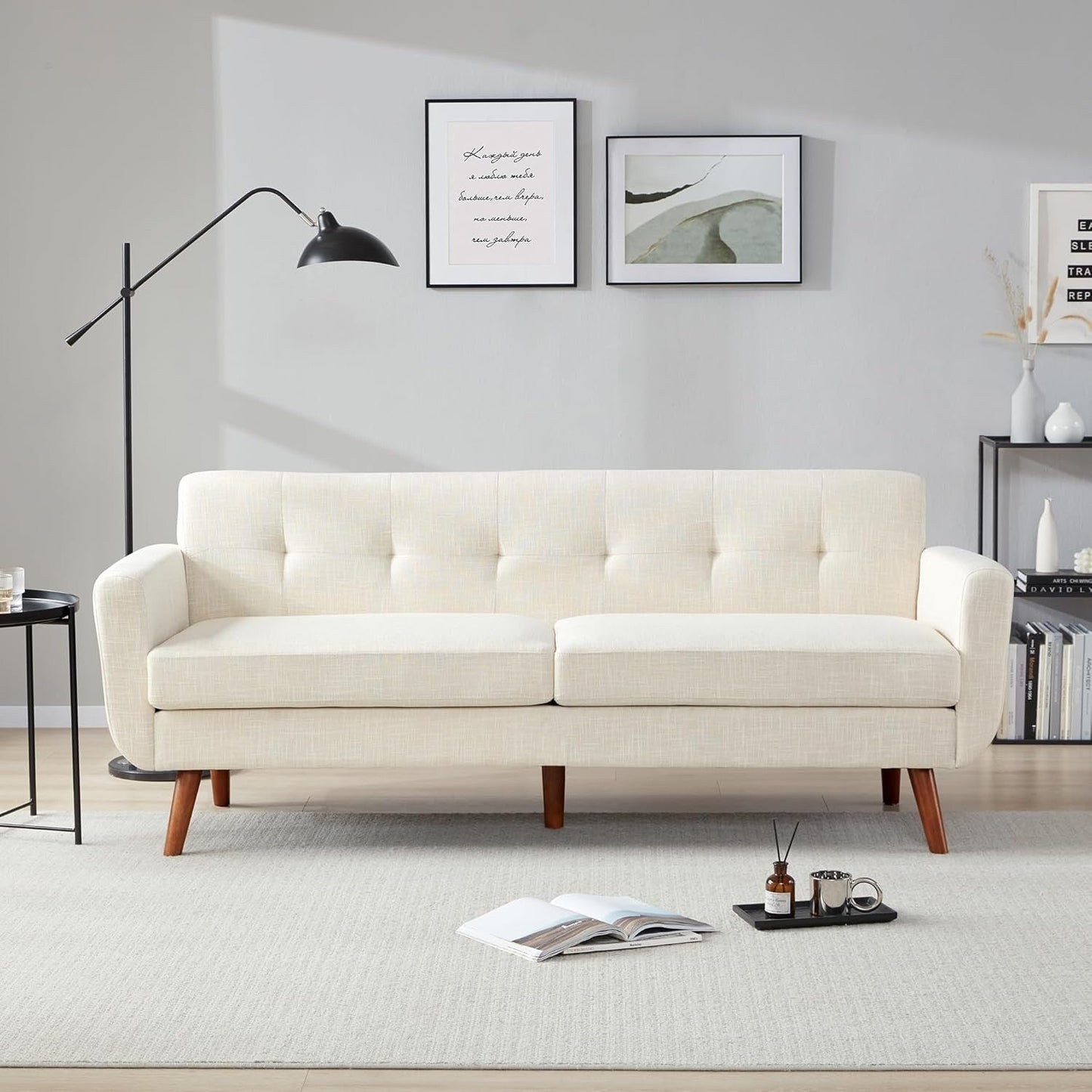 Divano a due posti Mid-Century da 65 pollici - Divano piccolo imbottito con bottoni per soggiorno e camera da letto, facile da montare, beige