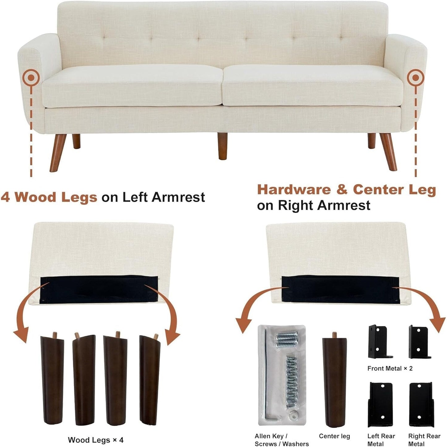 Divano a due posti Mid-Century da 65 pollici - Divano piccolo imbottito con bottoni per soggiorno e camera da letto, facile da montare, beige