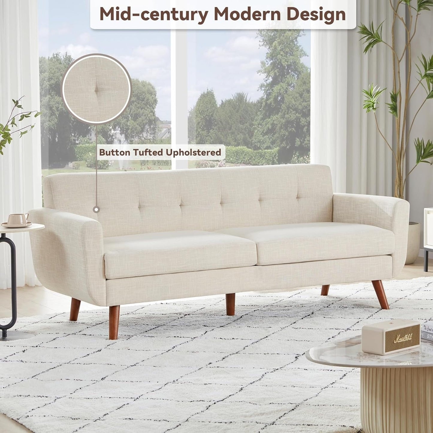 Divano a due posti Mid-Century da 65 pollici - Divano piccolo imbottito con bottoni per soggiorno e camera da letto, facile da montare, beige