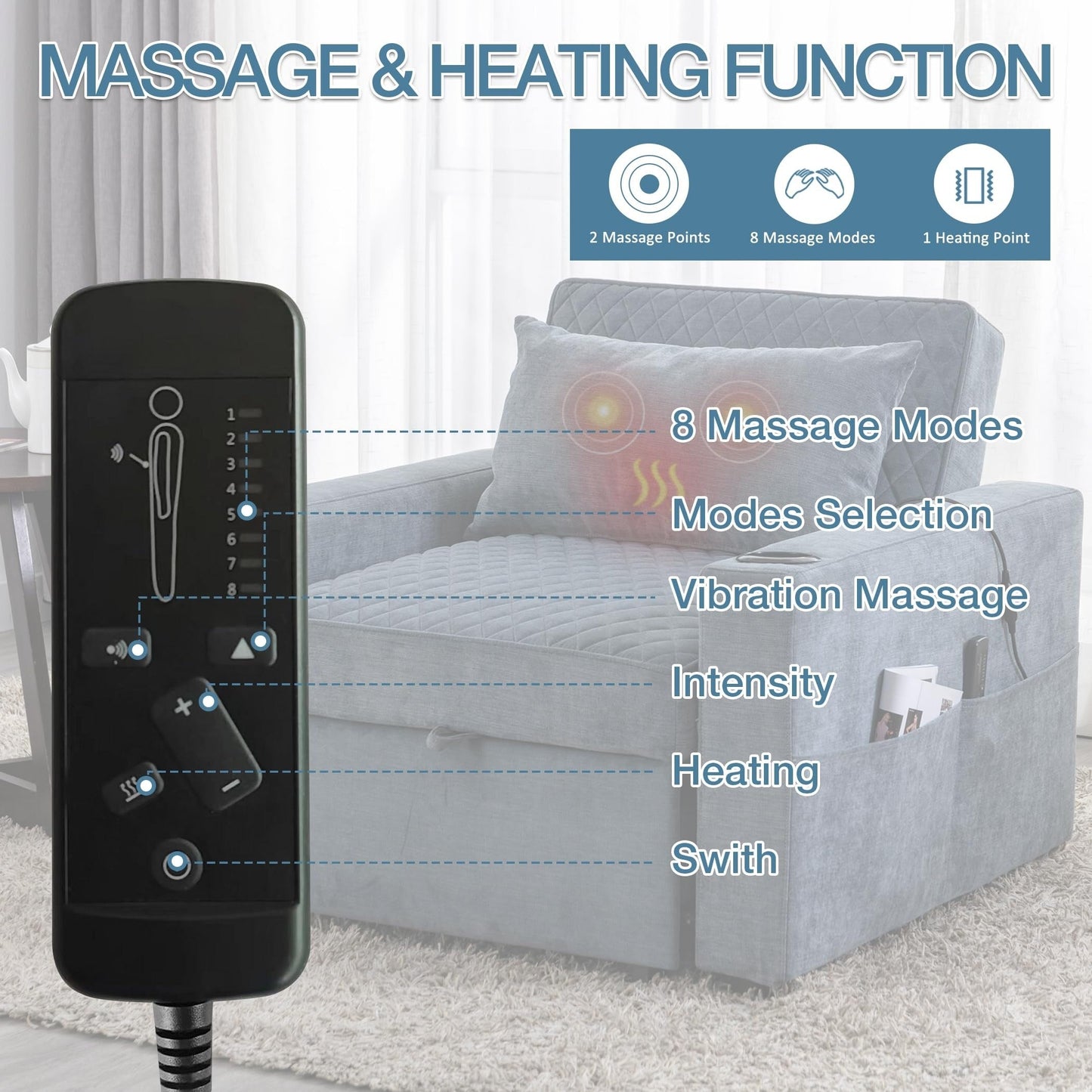 Divano letto a 2 posti in metallo da 66,93 cm con cuscino massaggiante e riscaldante, spazio nascosto e portabicchieri