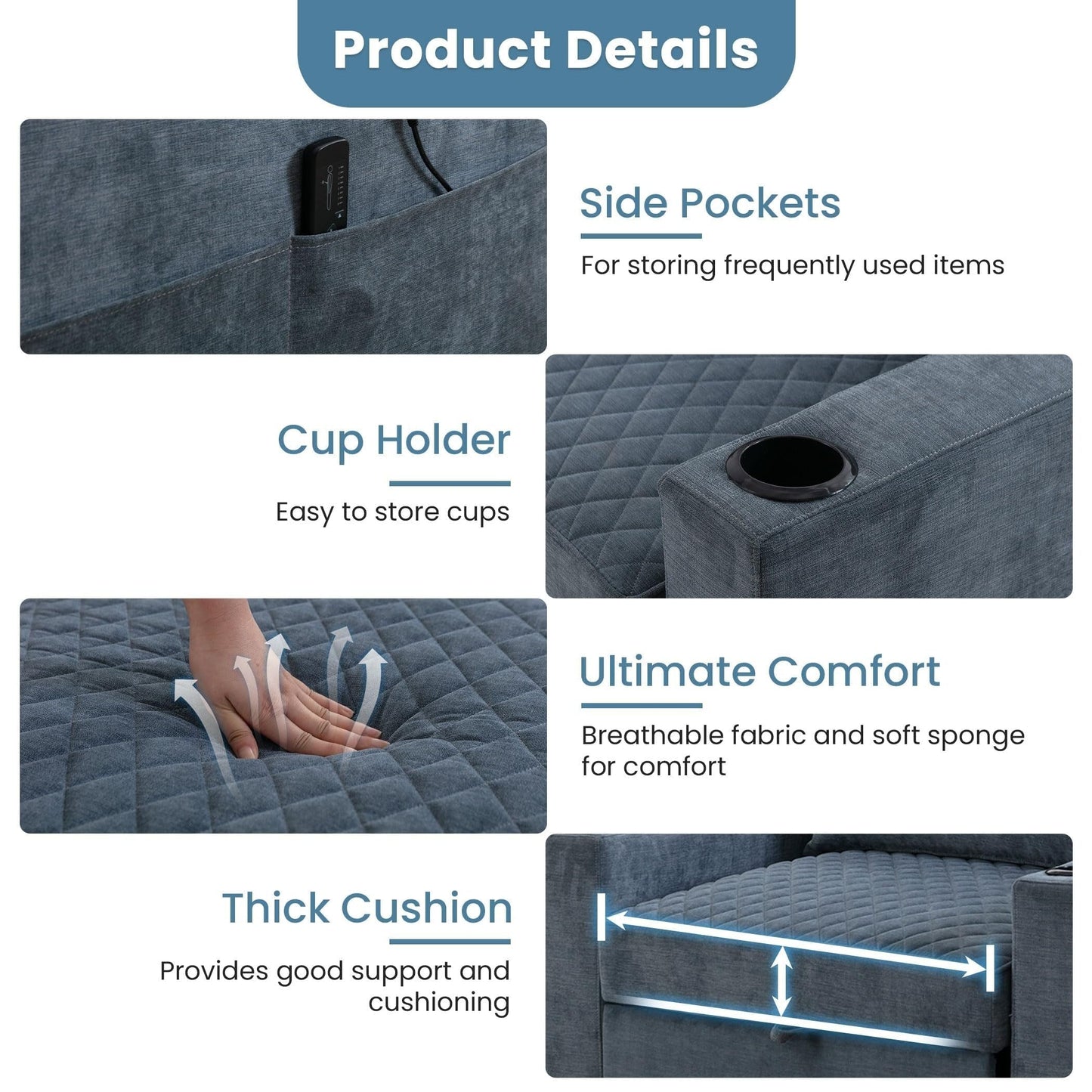 Divano letto a 2 posti in metallo da 66,93 cm con cuscino massaggiante e riscaldante, spazio nascosto e portabicchieri