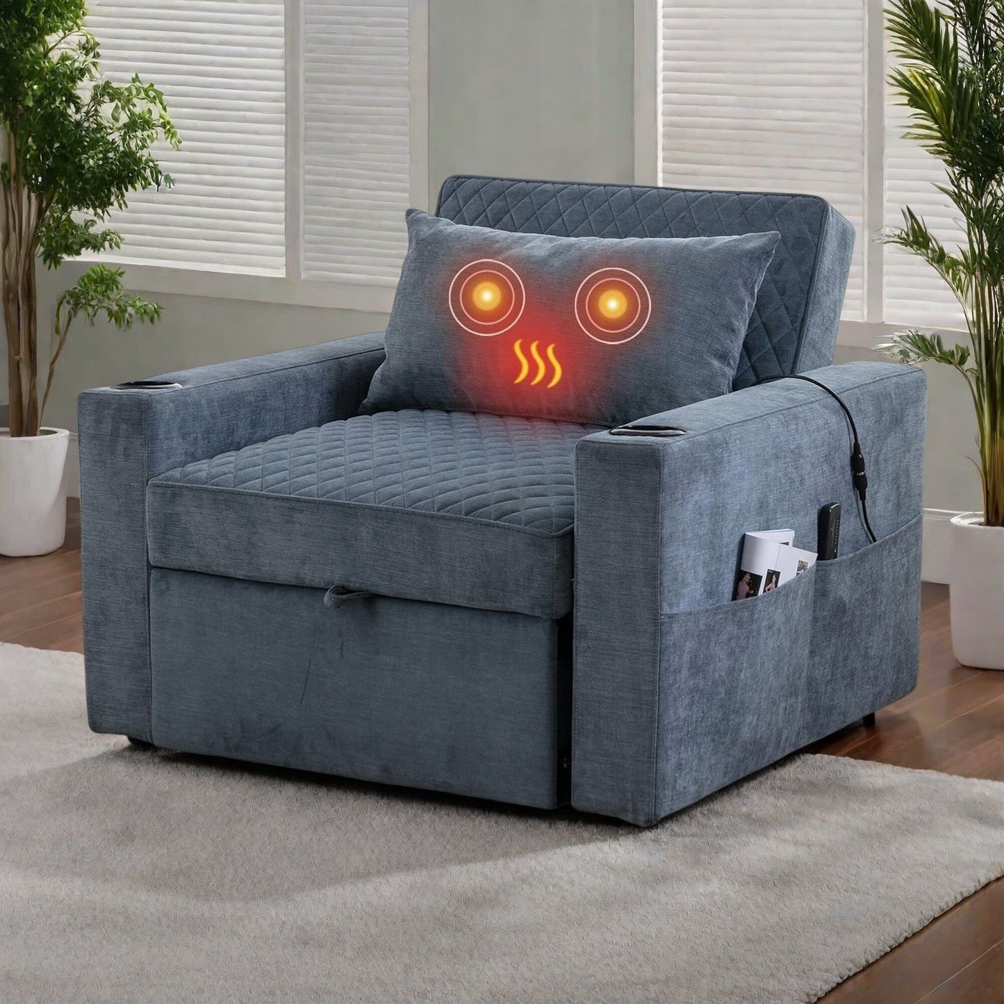 Divano letto a 2 posti in metallo da 66,93 cm con cuscino massaggiante e riscaldante, spazio nascosto e portabicchieri