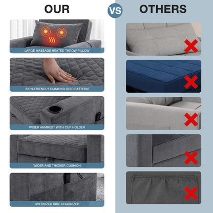 Divano letto a 2 posti in metallo da 66,93 cm con cuscino massaggiante e riscaldante, spazio nascosto e portabicchieri