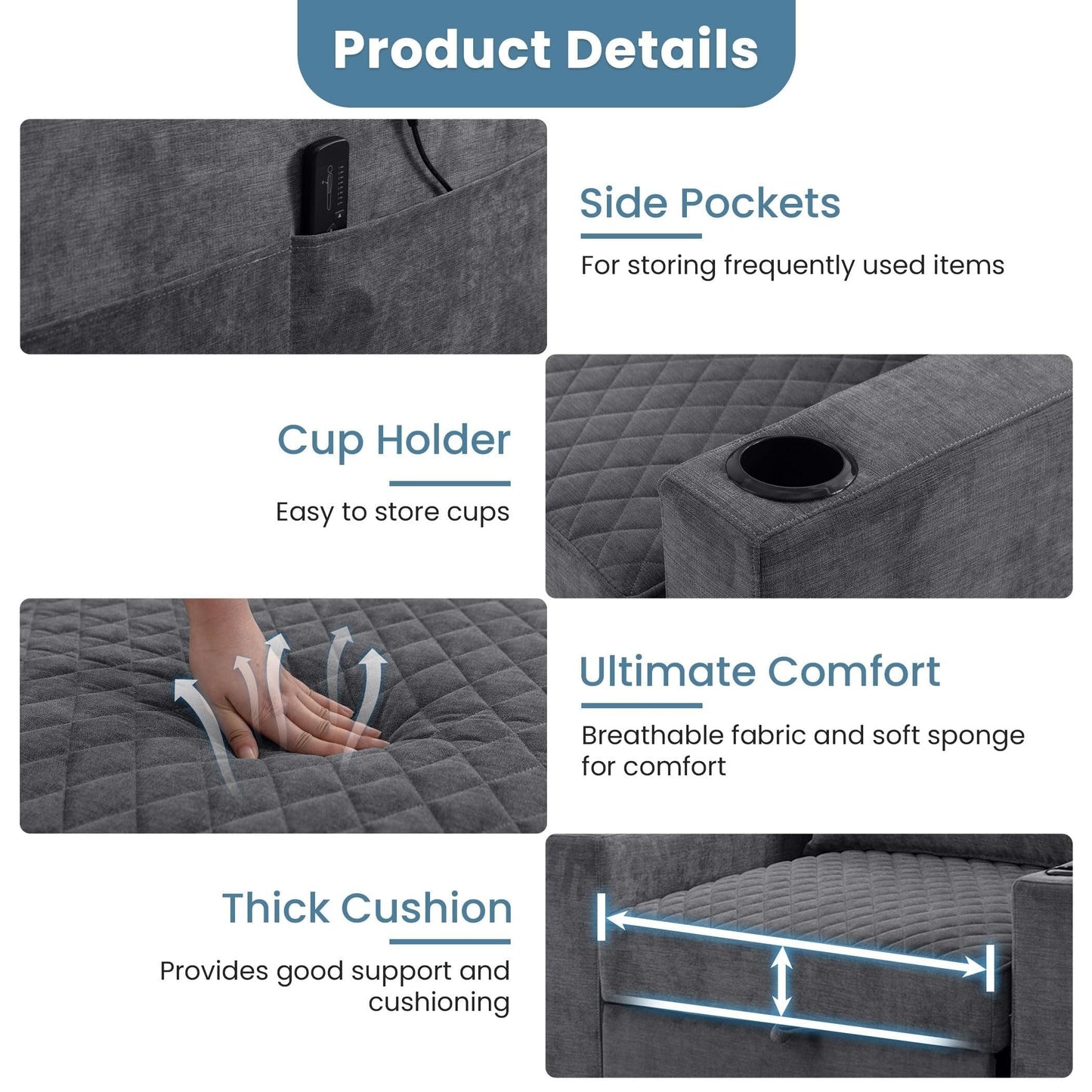 Divano letto a 2 posti in metallo da 66,93 cm con cuscino massaggiante e riscaldante, spazio nascosto e portabicchieri