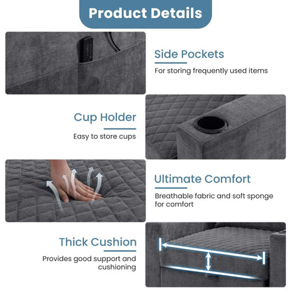 Divano letto a 2 posti in metallo da 66,93 cm con cuscino massaggiante e riscaldante, spazio nascosto e portabicchieri