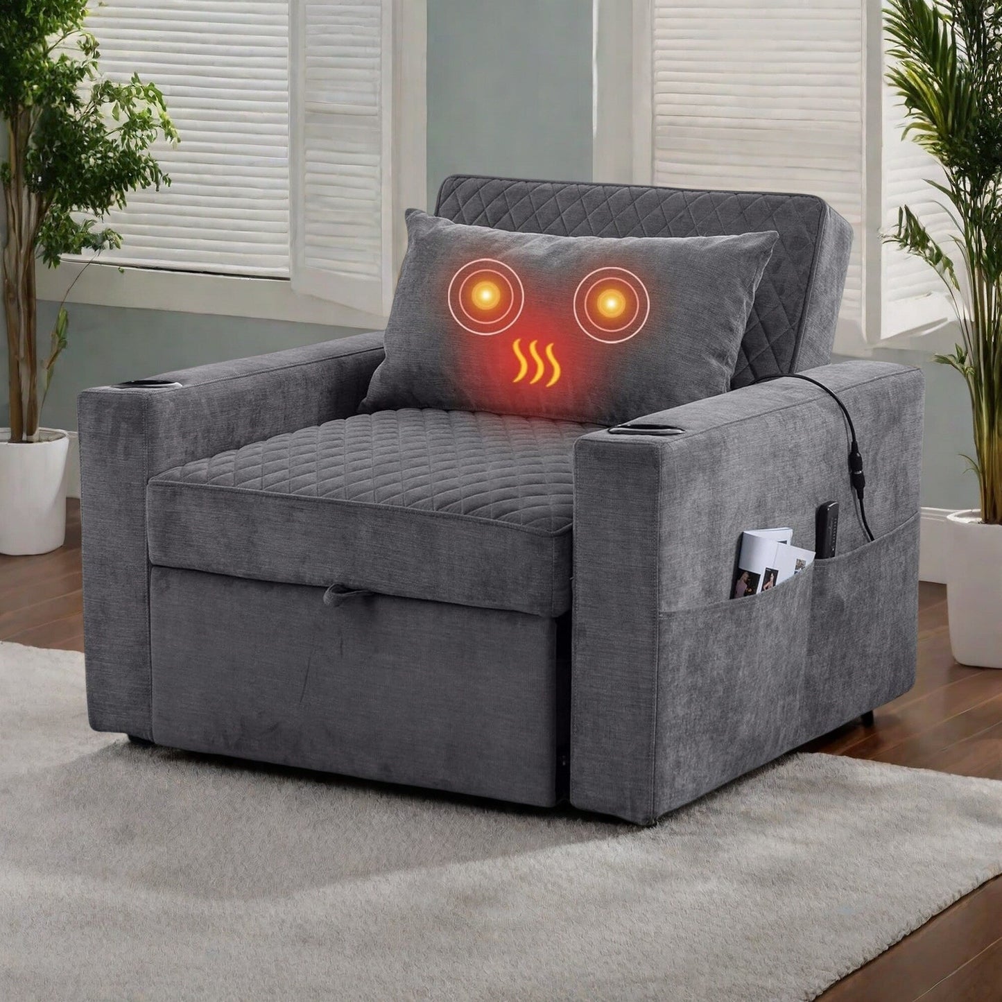 Divano letto a 2 posti in metallo da 66,93 cm con cuscino massaggiante e riscaldante, spazio nascosto e portabicchieri