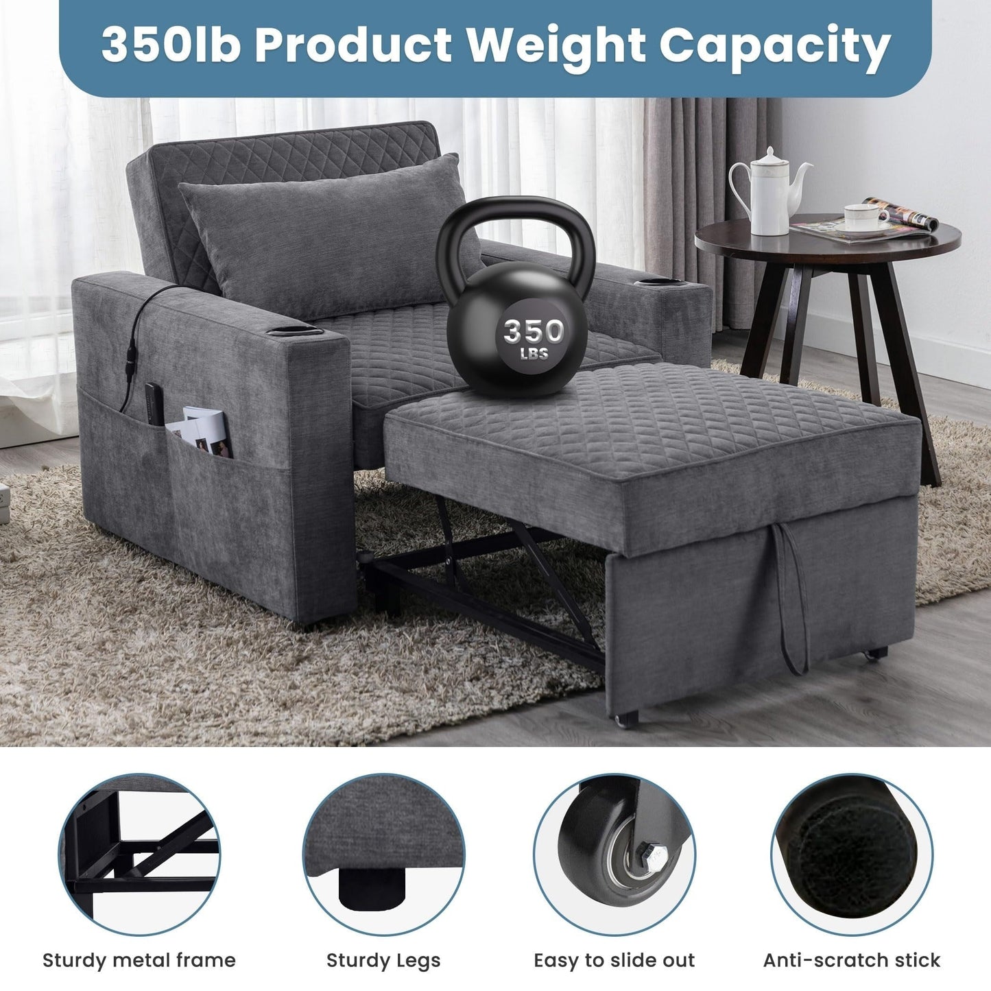 Divano letto a 2 posti in metallo da 66,93 cm con cuscino massaggiante e riscaldante, spazio nascosto e portabicchieri