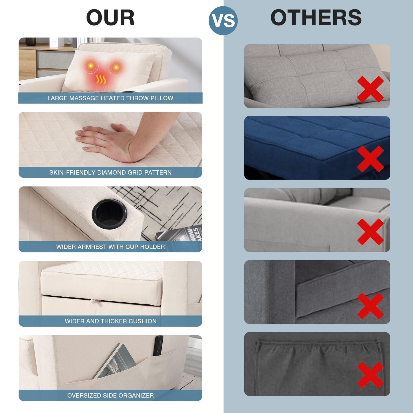 Divano letto a 2 posti in metallo da 66,93 cm con cuscino massaggiante e riscaldante, spazio nascosto e portabicchieri