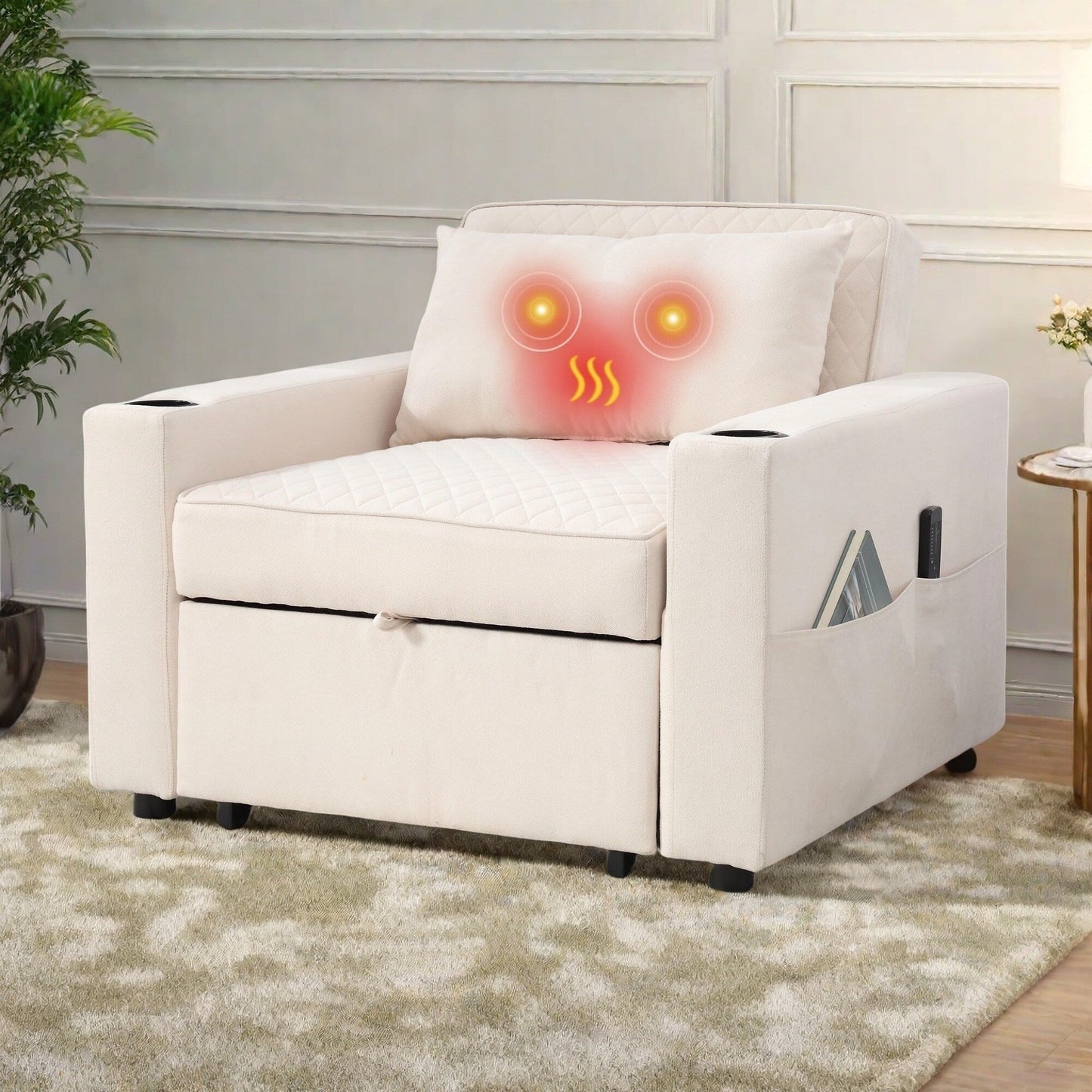 Divano letto a 2 posti in metallo da 66,93 cm con cuscino massaggiante e riscaldante, spazio nascosto e portabicchieri