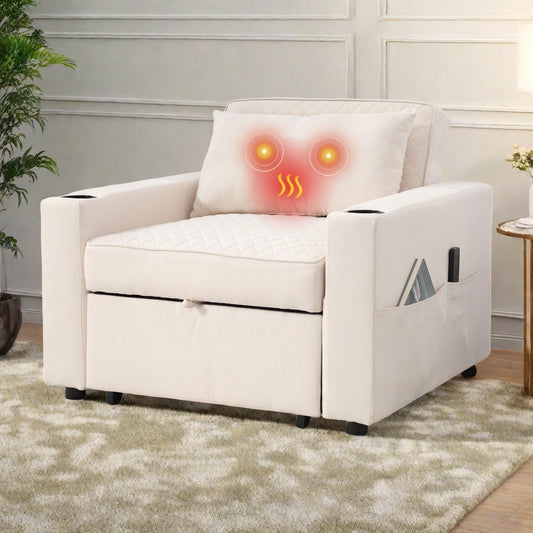 Divano letto a 2 posti in metallo da 66,93 cm con cuscino massaggiante e riscaldante, spazio nascosto e portabicchieri