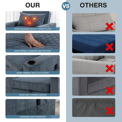 Divano letto a 2 posti in metallo da 66,93 cm con cuscino massaggiante e riscaldante, spazio nascosto e portabicchieri