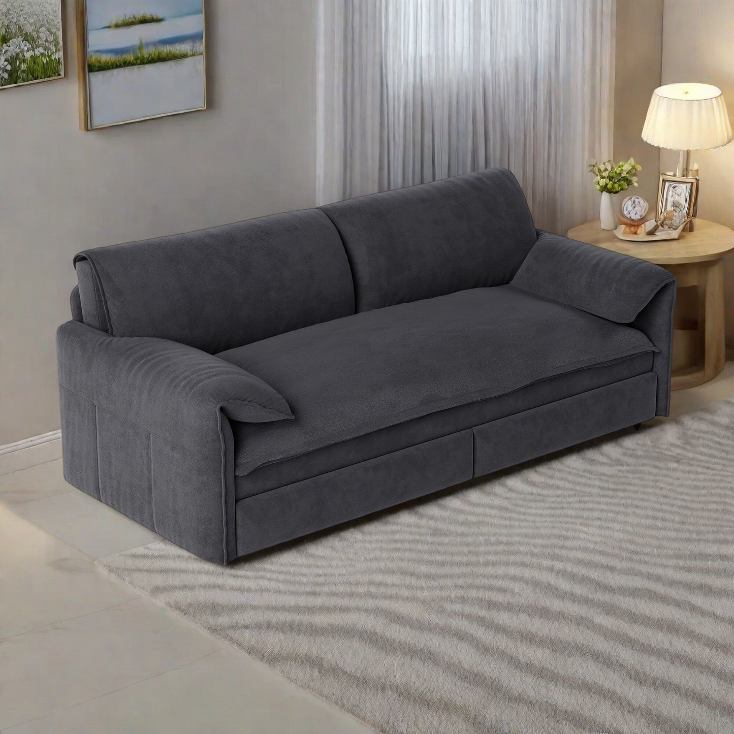 Divano letto 66Velluto a 2 posti con contenitore laterale per soggiorno, appartamento