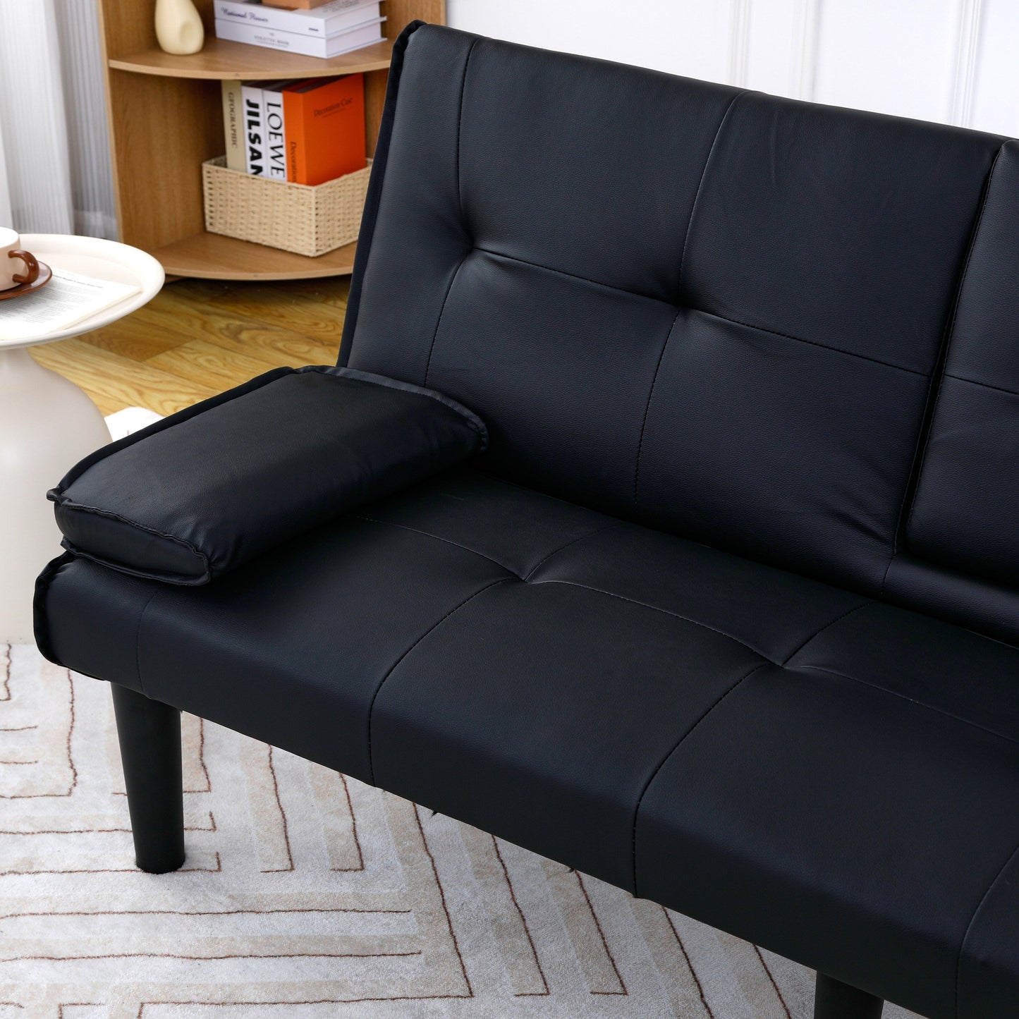 Divano letto pieghevole in PVC nero da 67 pollici con portabicchieri per soggiorno, camera degli ospiti, dormitorio, ufficio