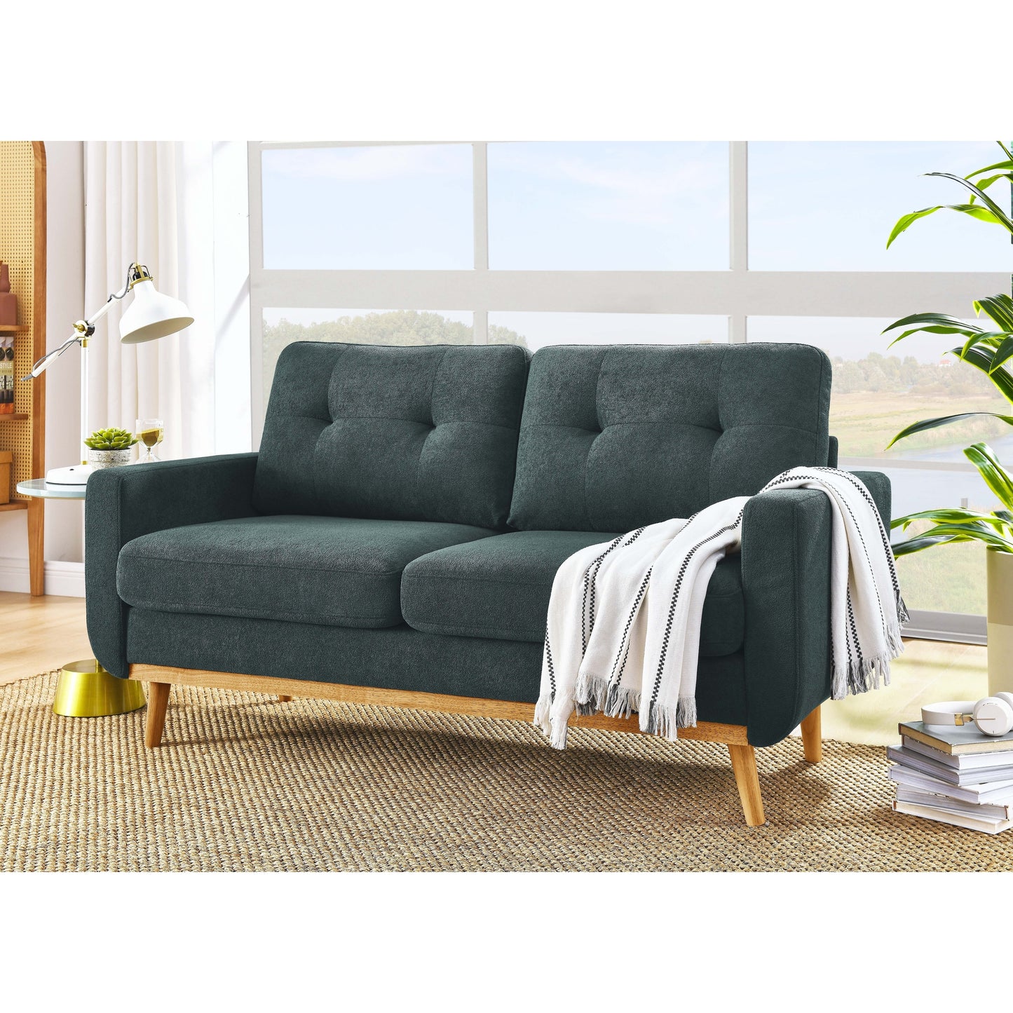 Divano a due posti imbottito di metà secolo con gambe in legno - 29,5 P x 67,7 L x 34,6 A