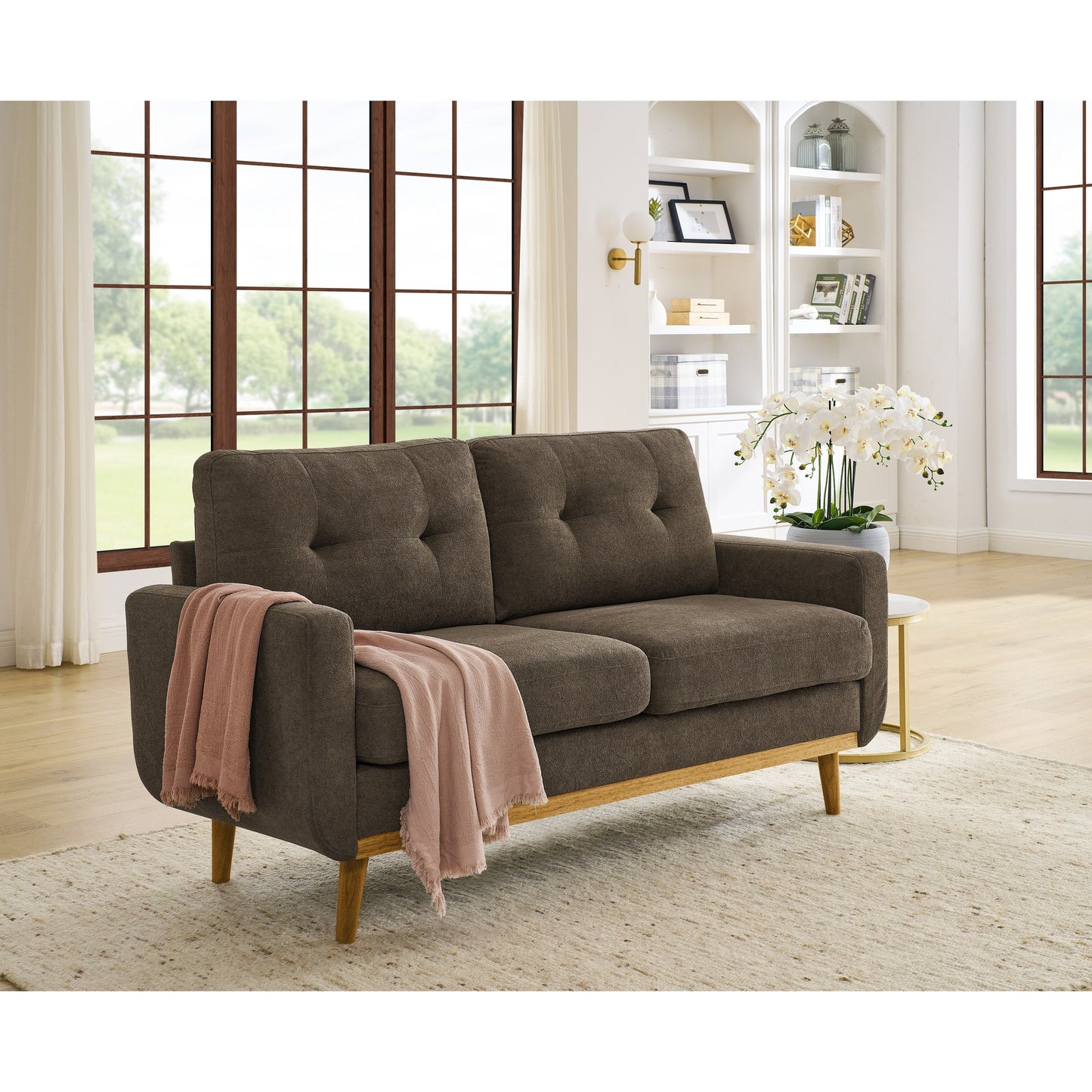 Divano a due posti imbottito di metà secolo con gambe in legno - 29,5 P x 67,7 L x 34,6 A