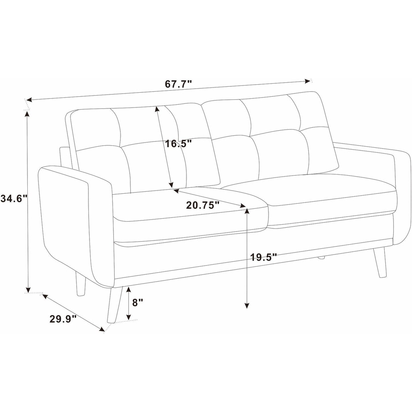 Divano a due posti imbottito e trapuntato in stile moderno di metà secolo, largo 67,7 cm, con gambe in legno