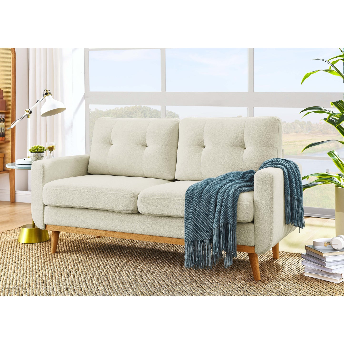 Divano a due posti imbottito e trapuntato in stile moderno di metà secolo, largo 67,7 cm, con gambe in legno