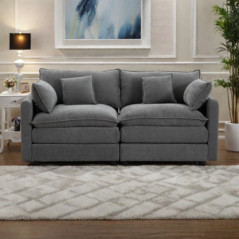 Divano componibile modulare in ciniglia 68 con design a L, pouf rimovibile e configurazione a 2 posti