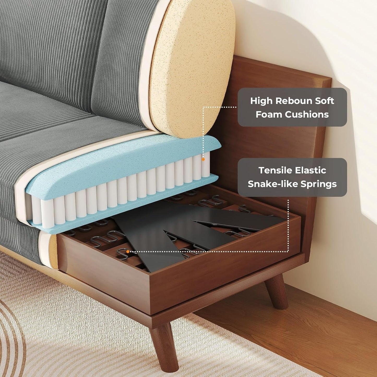 Divano a due posti in velluto a coste verde 68 - Comodo cuscino a molle e struttura in legno massello, seduta profonda moderna per soggiorno e ufficio