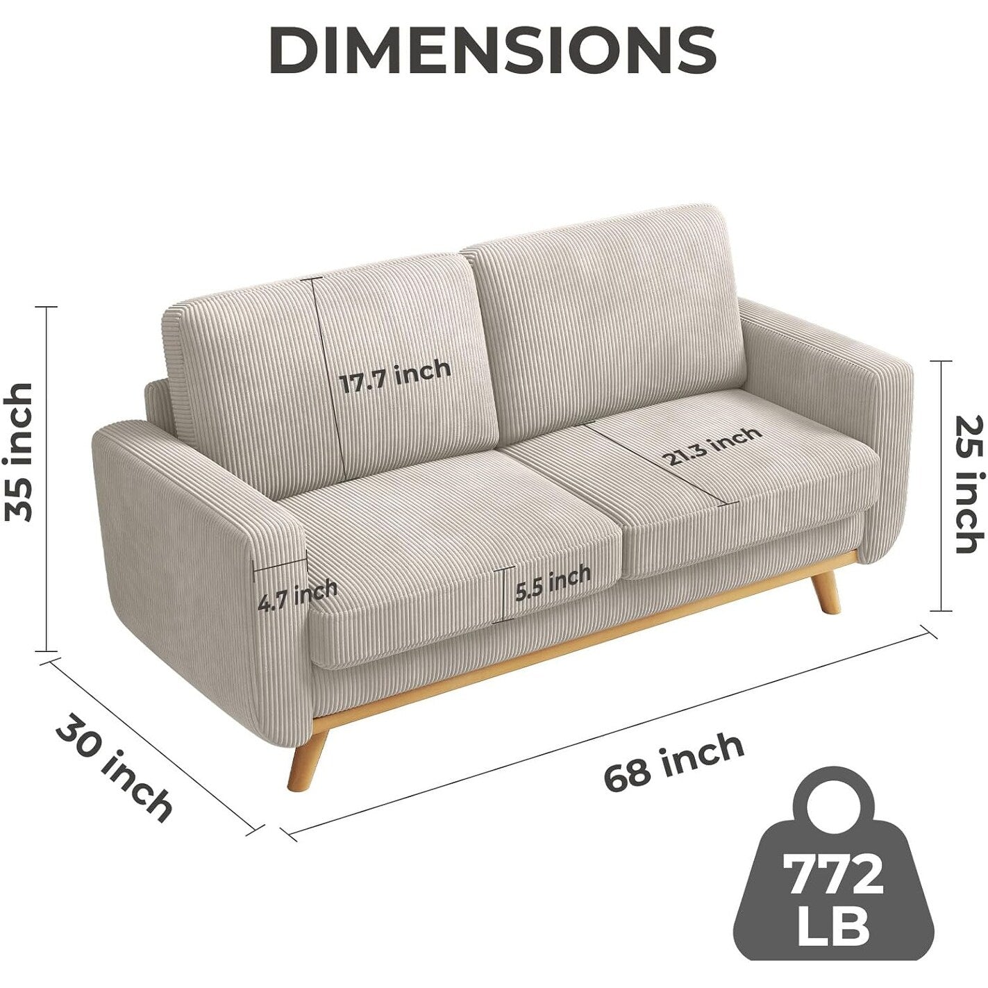 Divano a due posti in velluto a coste verde 68 - Comodo cuscino a molle e struttura in legno massello, seduta profonda moderna per soggiorno e ufficio