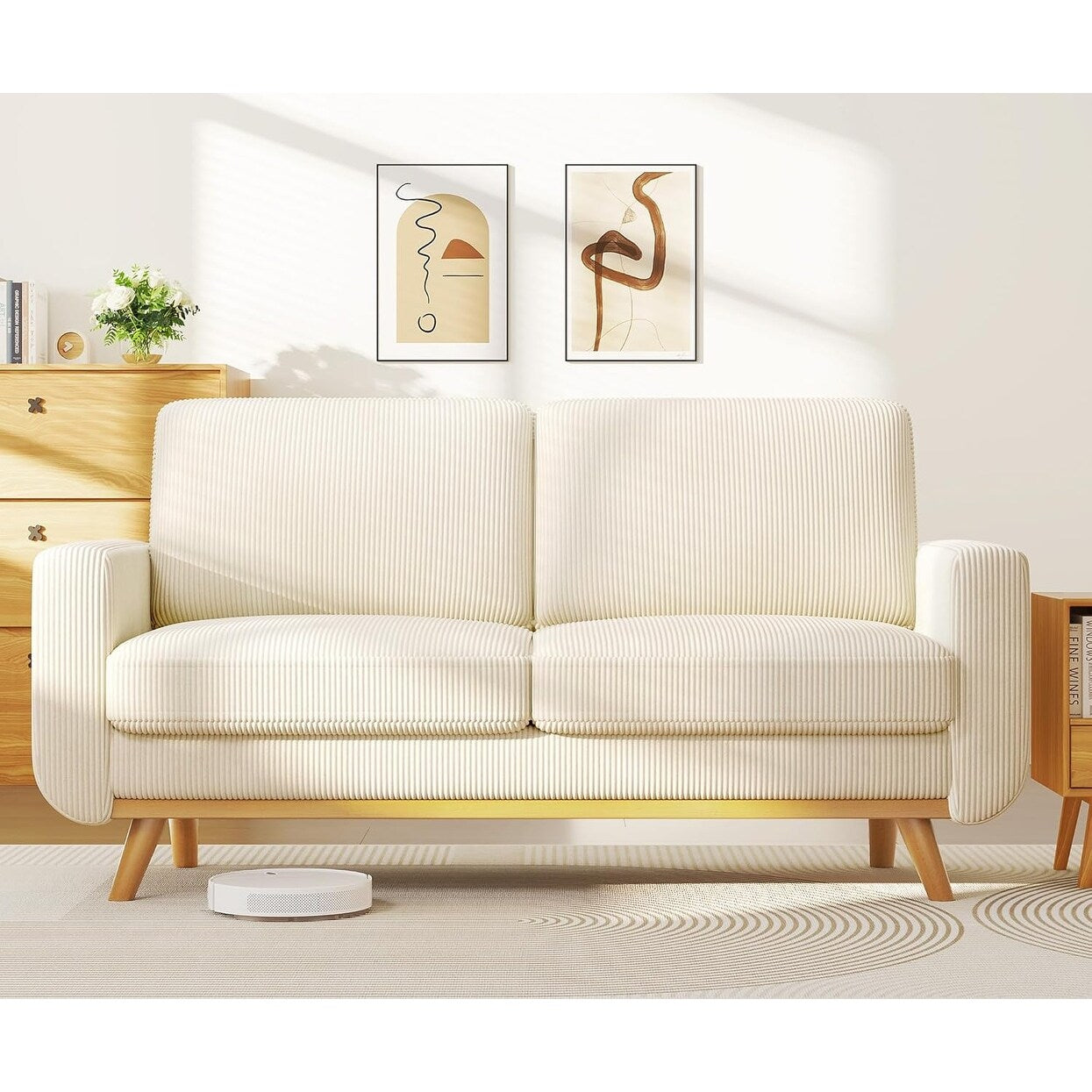 Divano a due posti in velluto a coste verde 68 - Comodo cuscino a molle e struttura in legno massello, seduta profonda moderna per soggiorno e ufficio