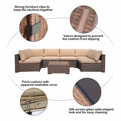 Set di divani componibili imbottiti da esterno in vimini/acciaio da 7 pezzi