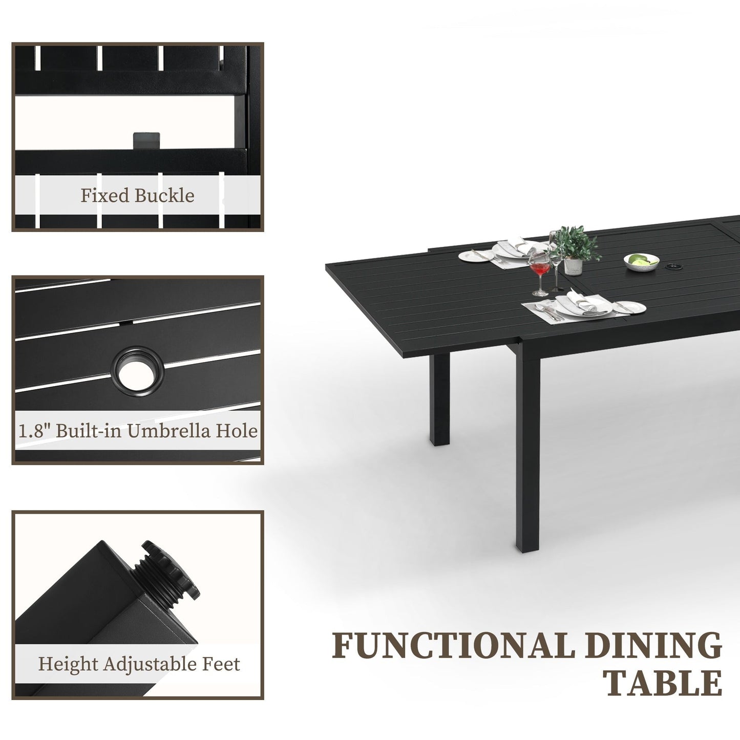 Set da pranzo per patio da 7/11 pezzi con tavolo da pranzo rettangolare estensibile in alluminio e sedie da pranzo in textilene da 6/10 pezzi