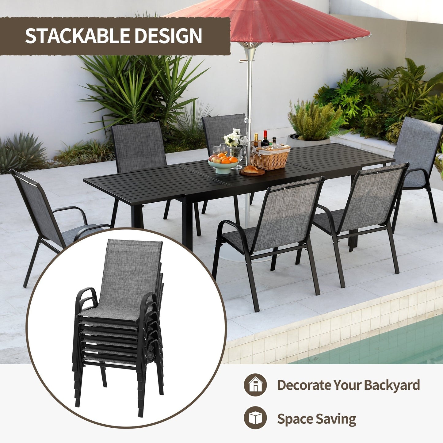 Set da pranzo per patio da 7/11 pezzi con tavolo da pranzo rettangolare estensibile in alluminio e sedie da pranzo in textilene da 6/10 pezzi