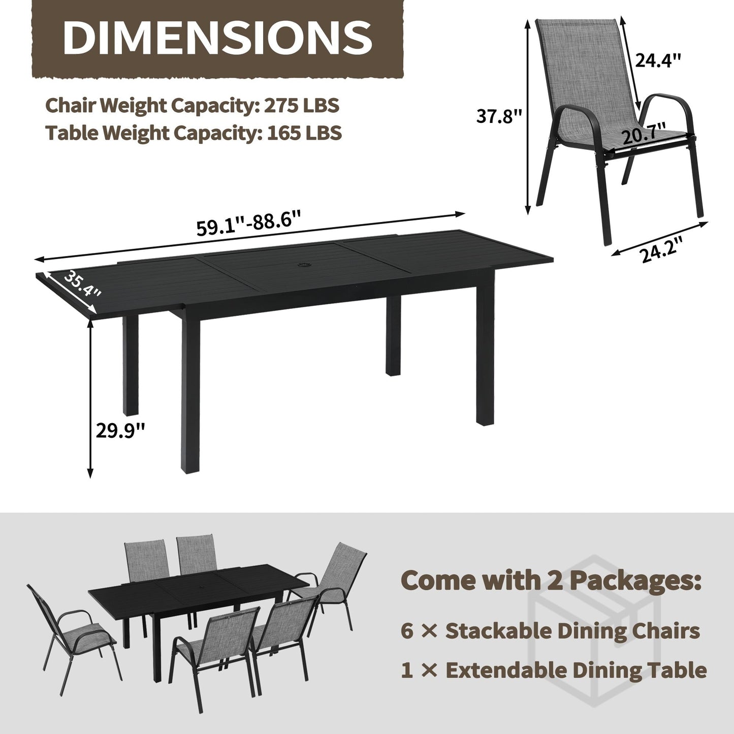 Set da pranzo per patio da 7/11 pezzi con tavolo da pranzo rettangolare estensibile in alluminio e sedie da pranzo in textilene da 6/10 pezzi