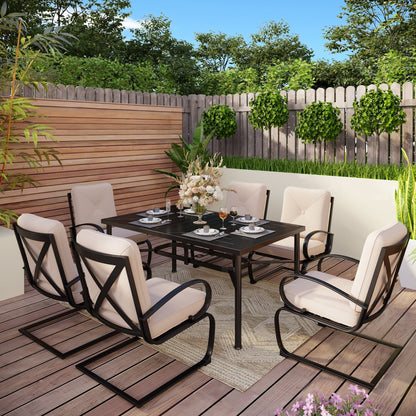 Set da pranzo per patio esterno 7/9 pezzi, 6/8 sedie con movimento a molla e cuscino, 1 sedia rettangolare