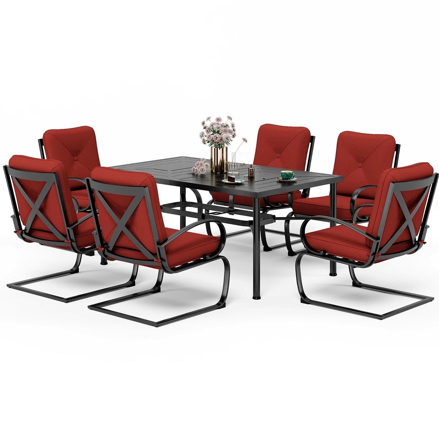 Set da pranzo per patio esterno 7/9 pezzi, 6/8 sedie con movimento a molla e cuscino, 1 sedia rettangolare