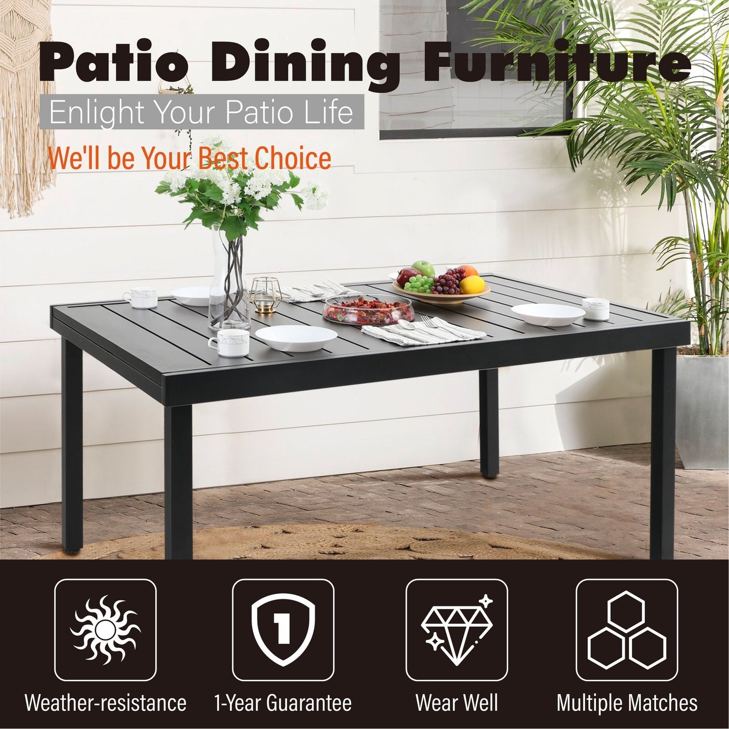 Set da pranzo per patio esterno 7/9 pezzi, 6/8 sedie con movimento a molla e cuscino, 1 sedia rettangolare